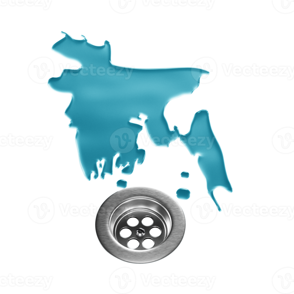 Water shaped of Bangladesh Map on a stainless steel surface draining into a drain 3d illustration png