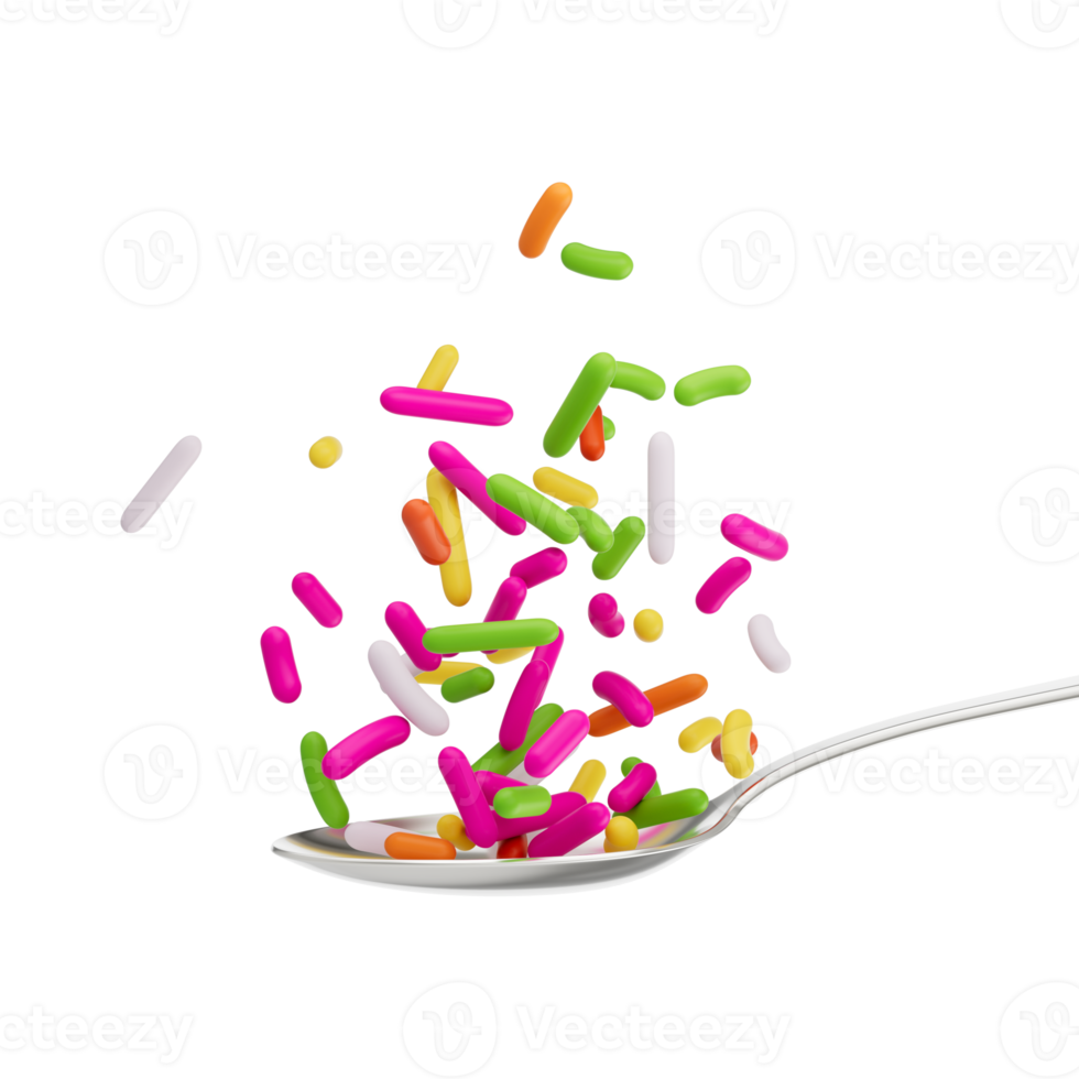Rainbow Sprinkles For Cakes And Bakery Items Falling From Top Onto A Silver Spoon 3D Illustration png