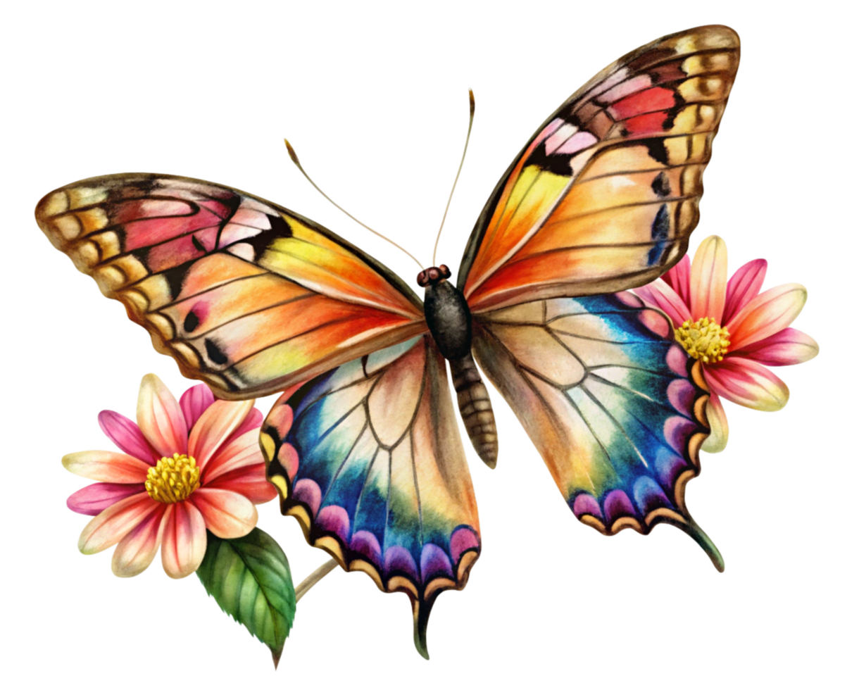 Butterfly with Flowers Against a Sunset Sky png