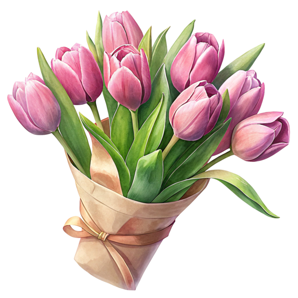 Romantic Pink Tulips Tied with Ribbon and Paper png