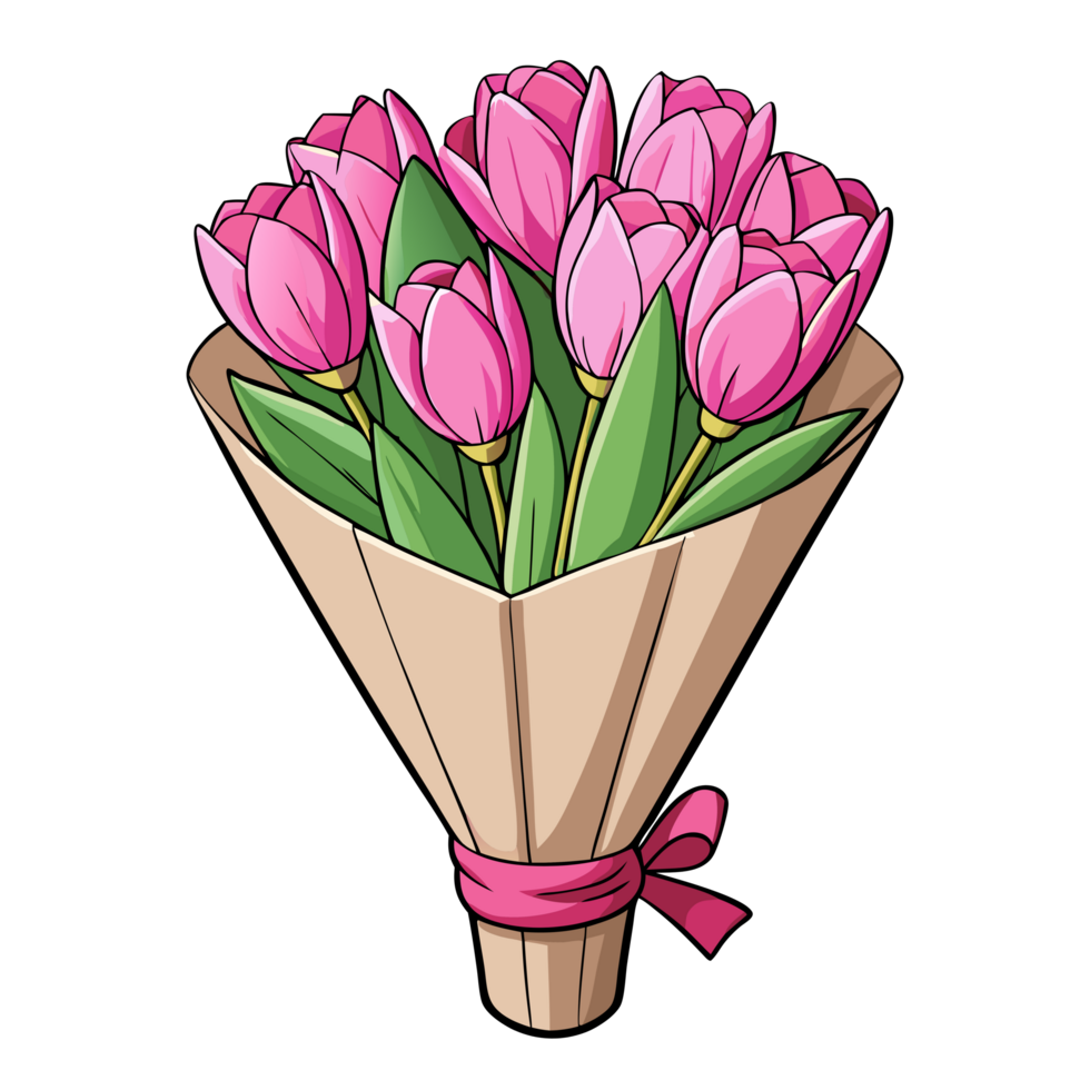 Lovely Pink Tulips with Ribbon and Paper Wrap png