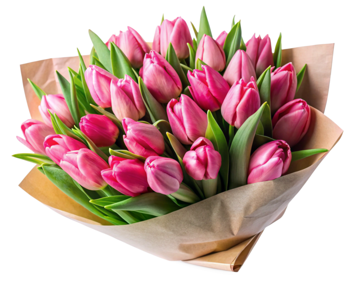 Spring Pink Tulips Bouquet Wrapped in Kraft Paper png