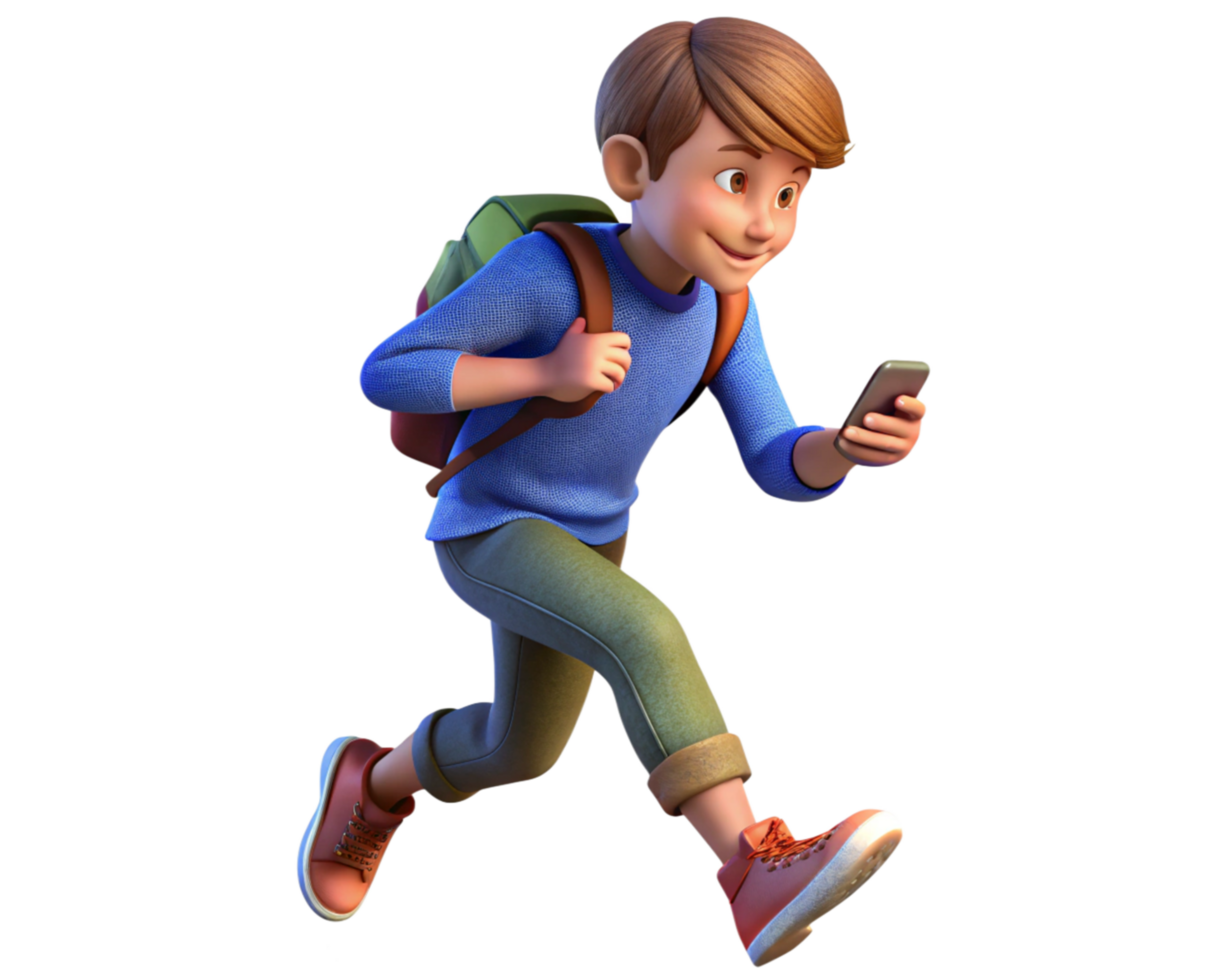 Young Boy Hurrying to Class with Phone and Bag png