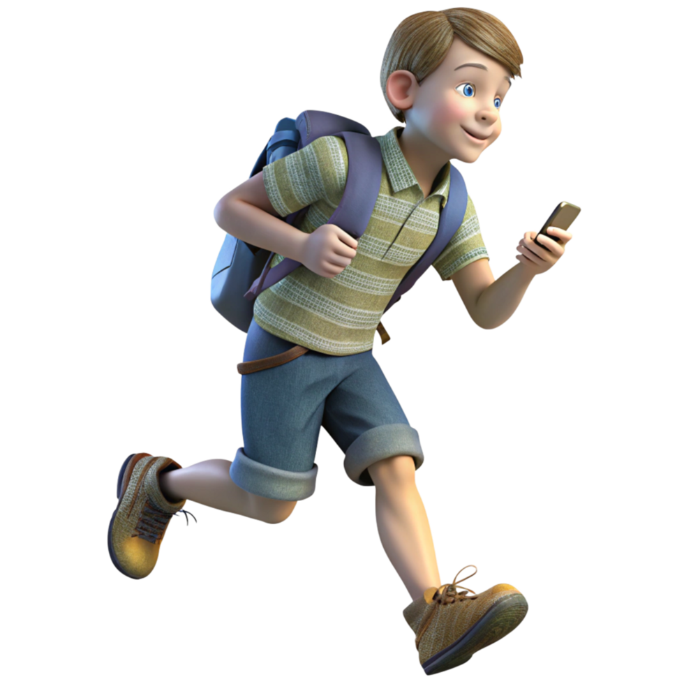 Boy Sprinting with Backpack and Phone in Hand png