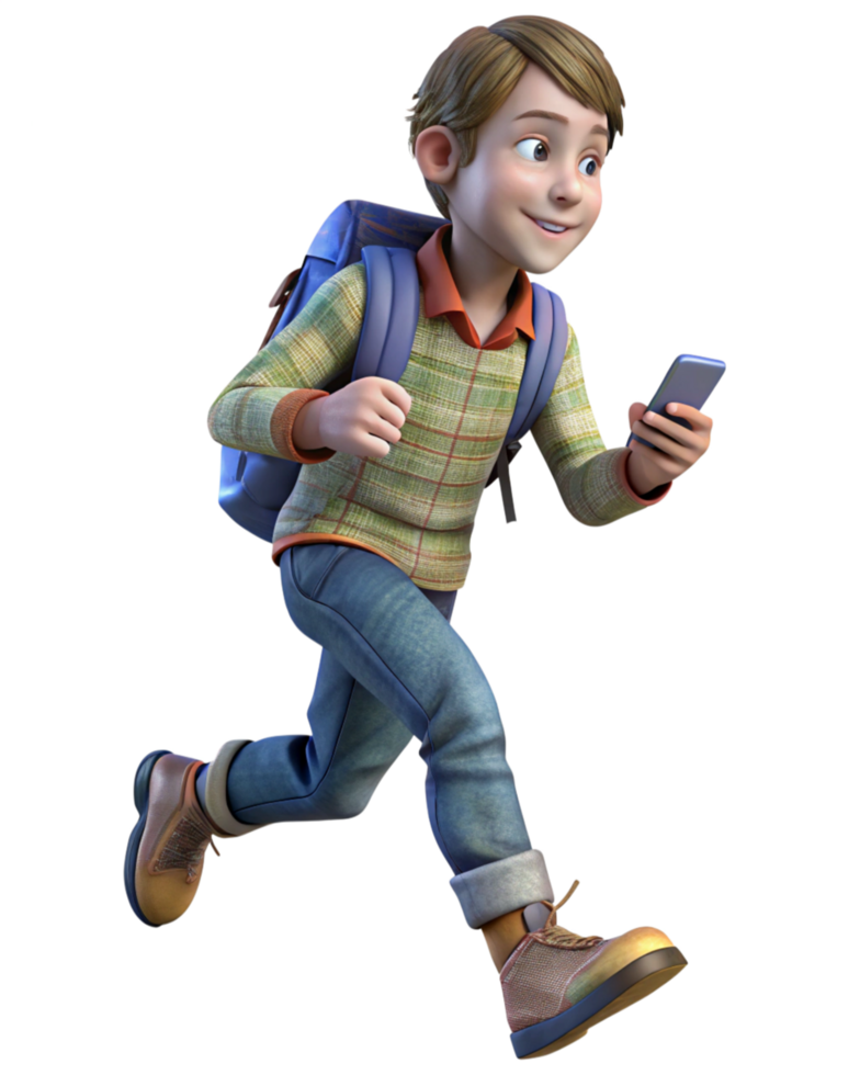 School Boy with Smartphone and Backpack in Action png