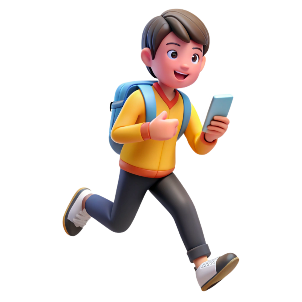 Young Boy Dashing with Smartphone and Backpack png
