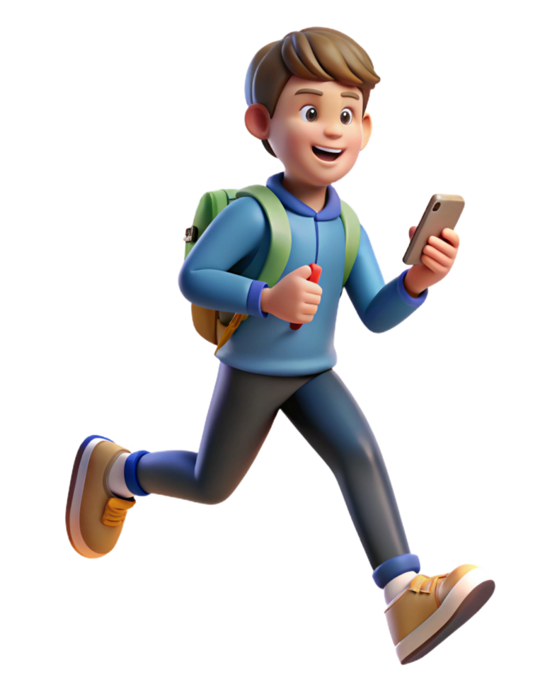 Boy Running Swiftly with a Phone in Hand and Bag png
