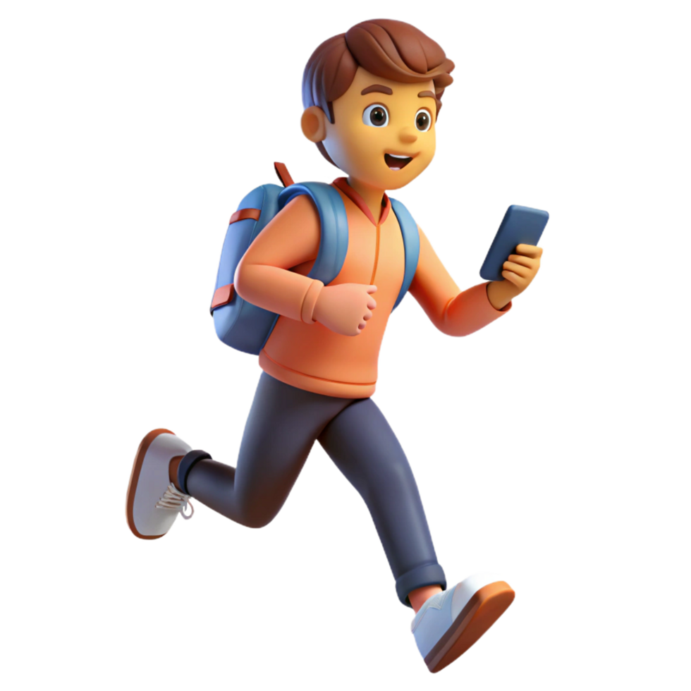 Schoolboy Running with Phone and Packed Backpack png