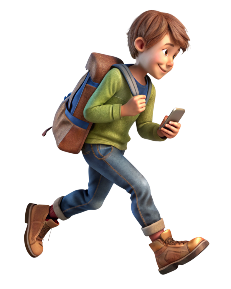 Active Boy with Backpack and Smartphone in Hand png
