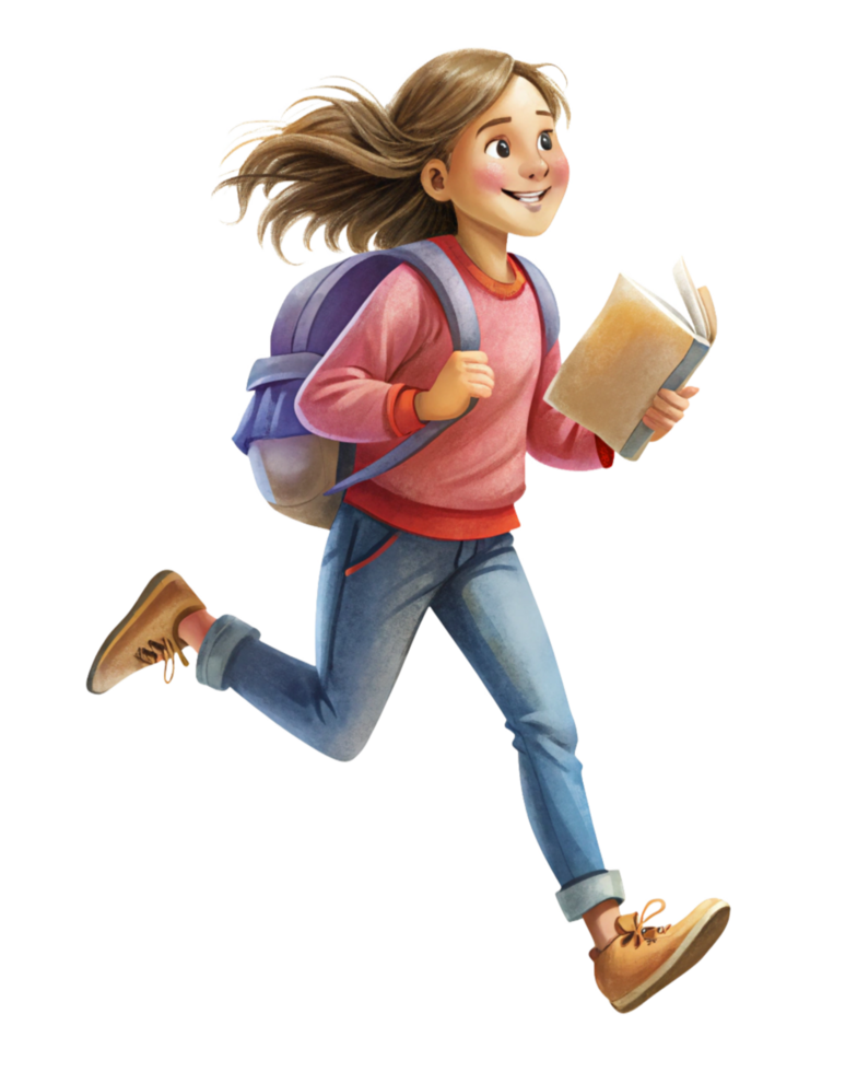 Playful Girl Running with Book and Backpack png