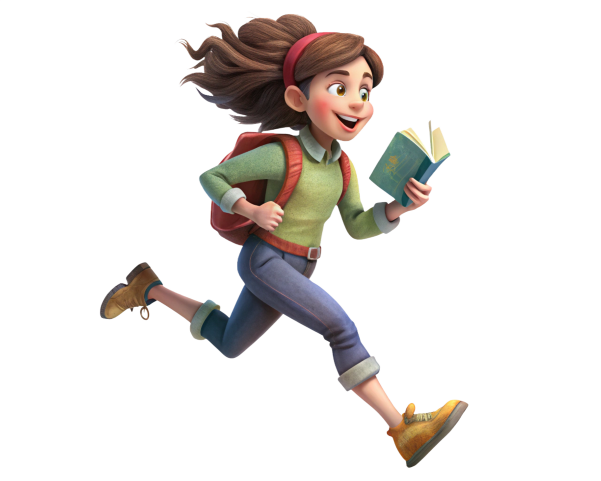 Smiling Girl Holding Book and Running with Backpack png