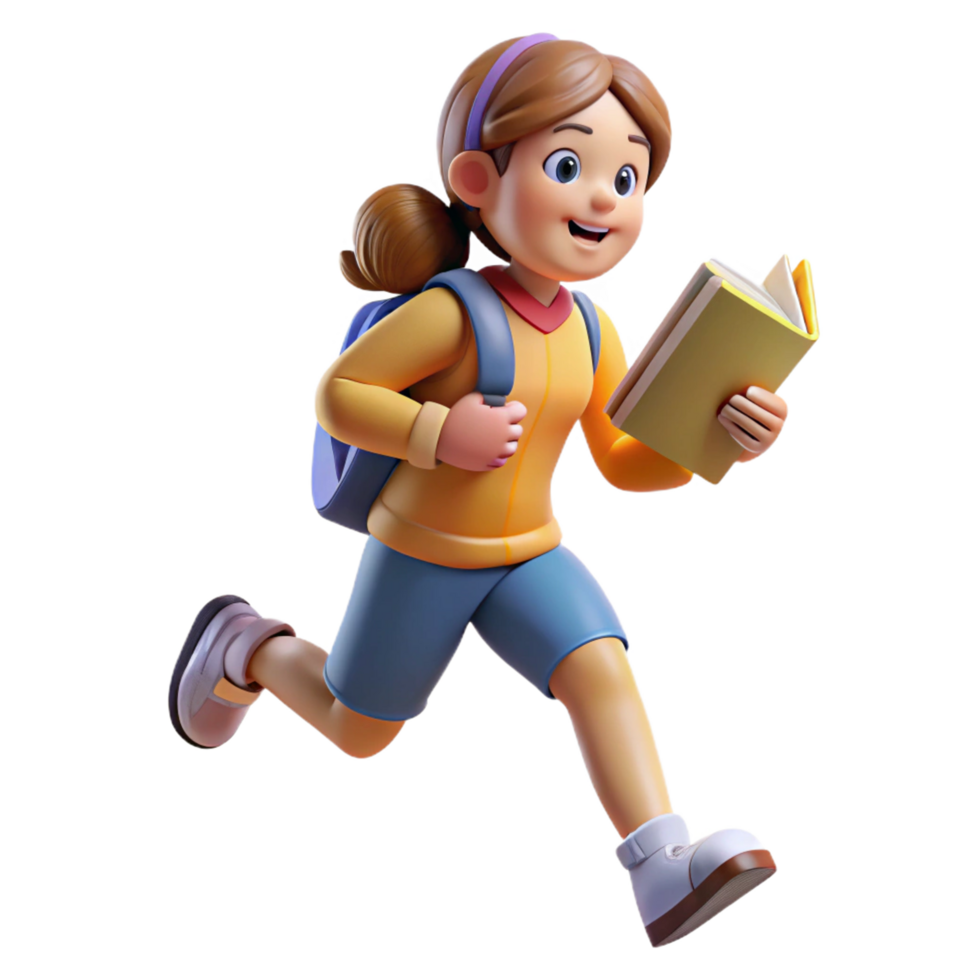 Girl Sprinting with Backpack and Book in Hand png