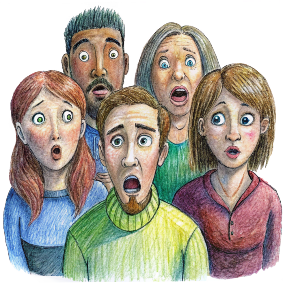 Surprised Friends Gathered Around a Table png