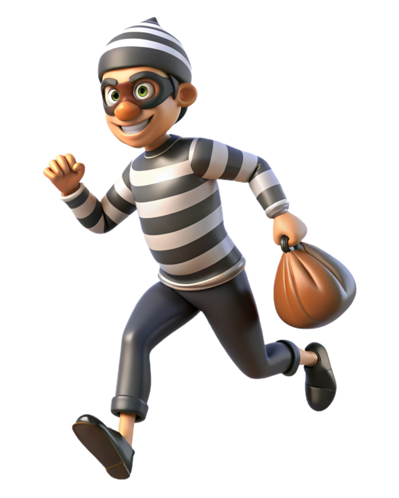 Cartoon Burglar Running with Bag of Valuables png