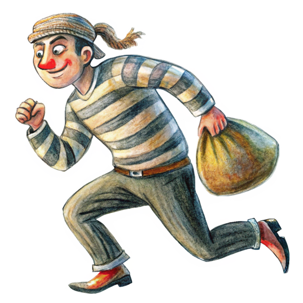 Cartoon Criminal on the Run with Money Bag png