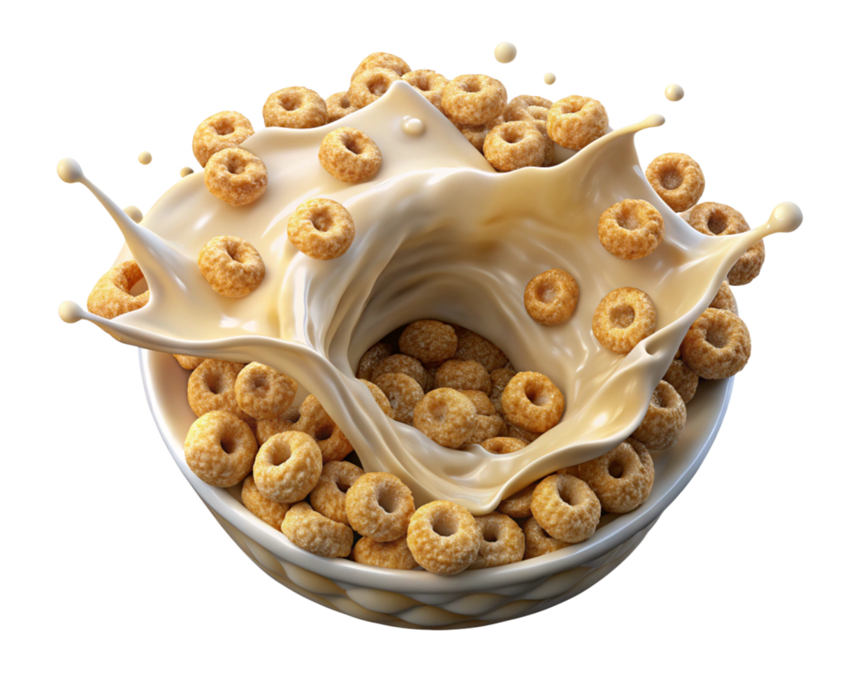 Crispy Cereal with Milk Splashes in Midair png