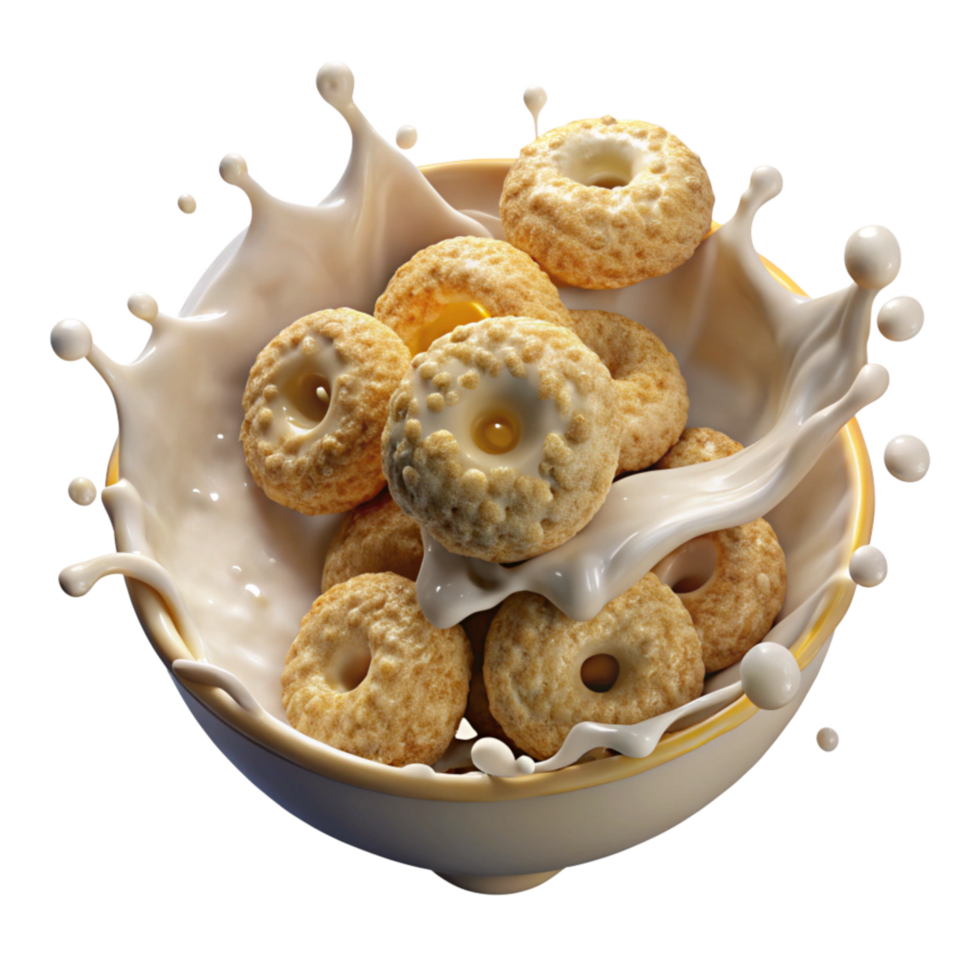 Overflowing Bowl of Cereal with Milk Splash png