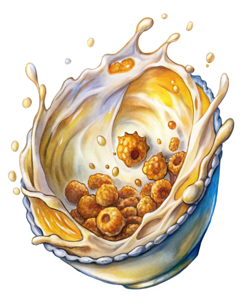 Bowl of Cereal with Milk Splashes in Motion png