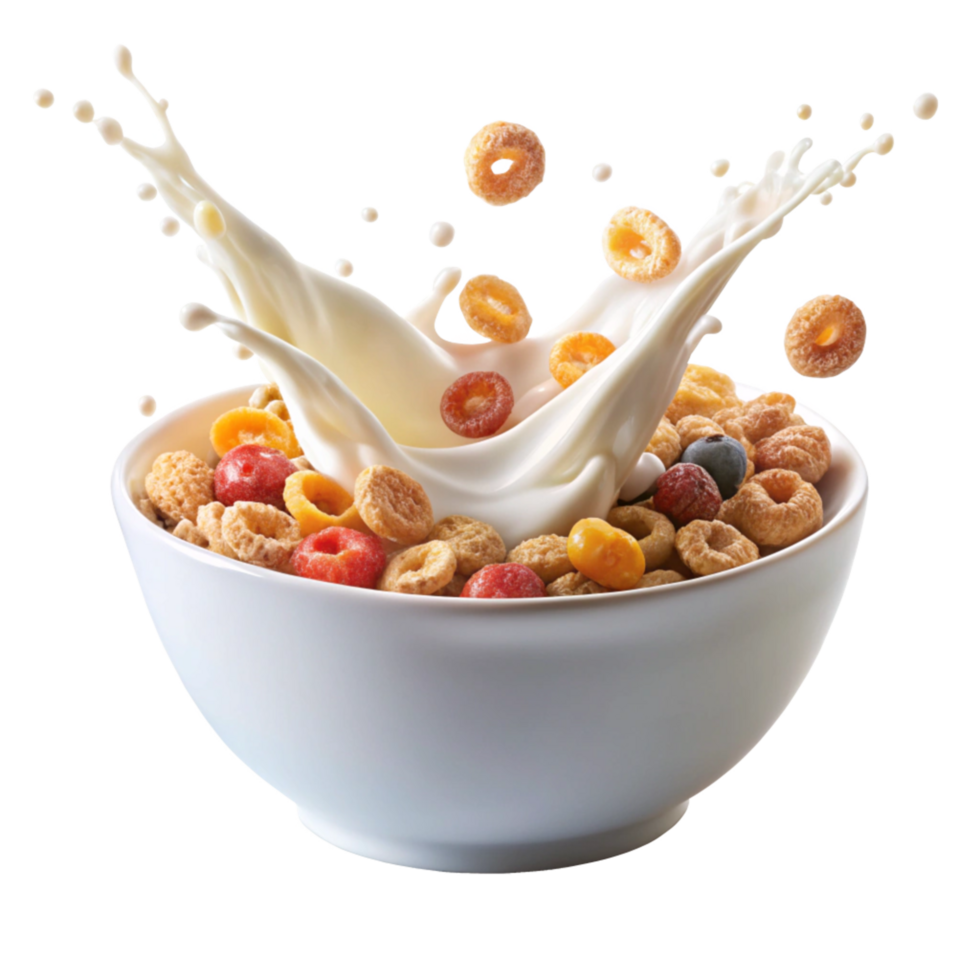 Tasty Breakfast Cereal with Splashing Milk png