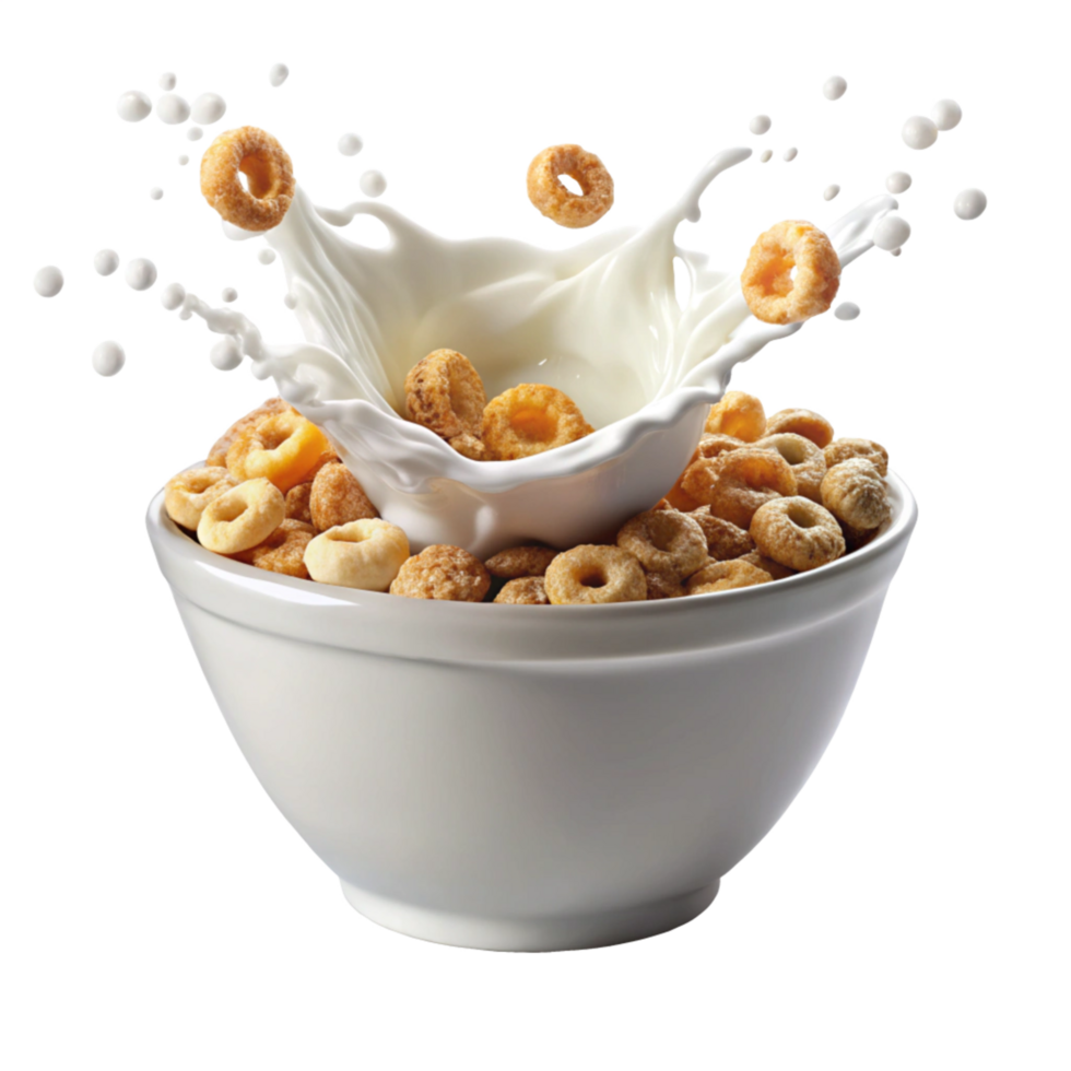 Delicious Cereal Bowl with Milk Splash png