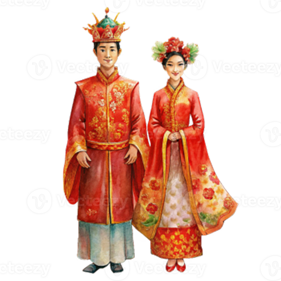 Chinese New Year a chinese bride and groom in matching red and gold png
