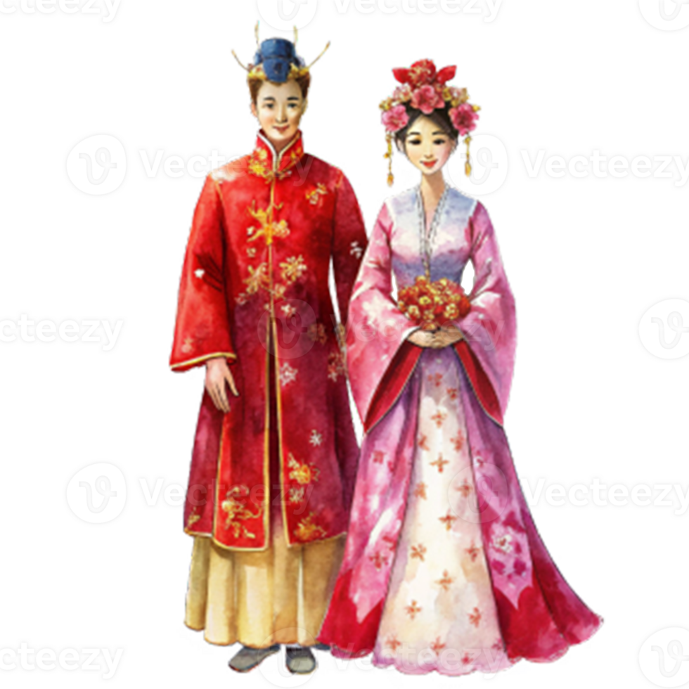 Chinese New Year a bride and groom dressed in elaborate traditional png