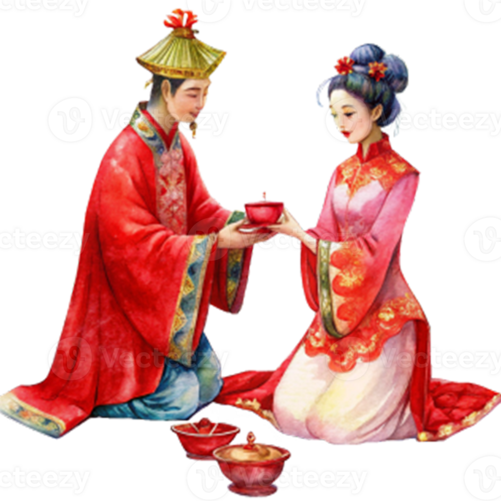 Chinese New Year a couple in red traditional wedding attire kneelin png