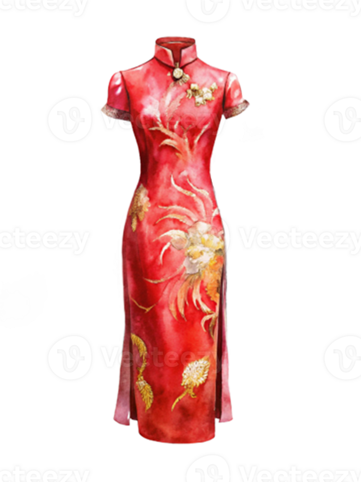 Chinese New Year a classic red cheongsam featuring intricate golden png