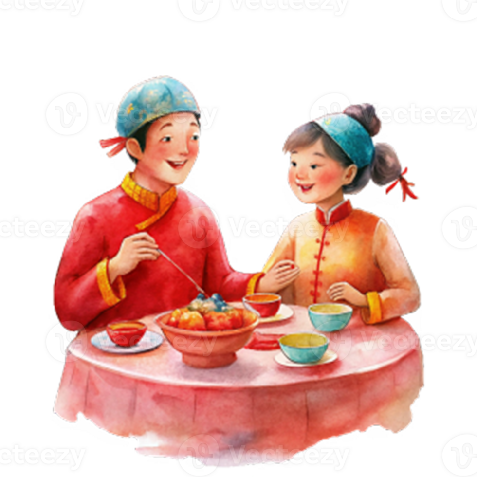 Chinese New Year a couple sitting at a traditional round table png