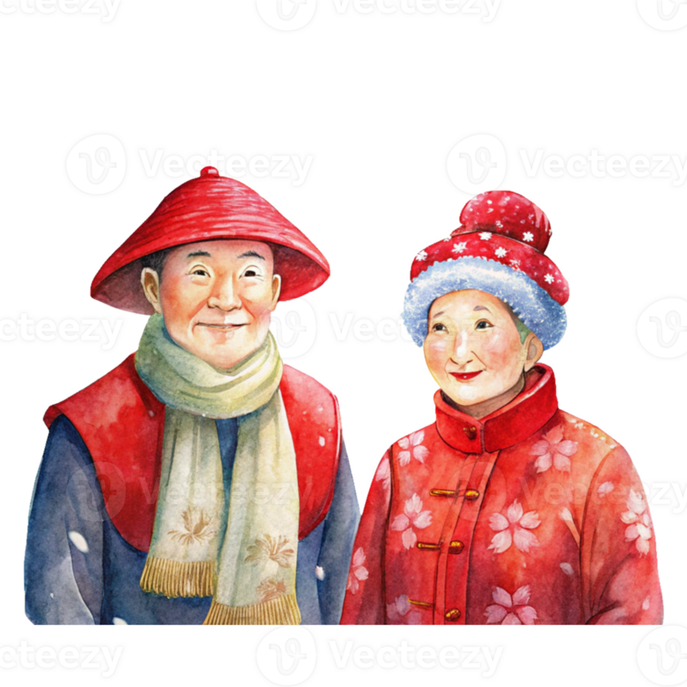 Chinese New Year a cheerful elderly couple wearing red scarves png