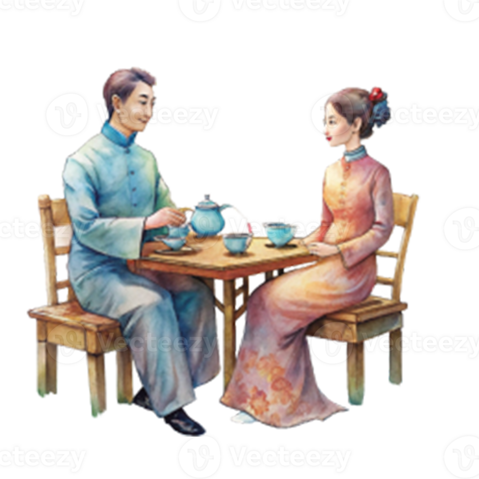 Chinese New Year a serene couple sitting at a low wooden table png