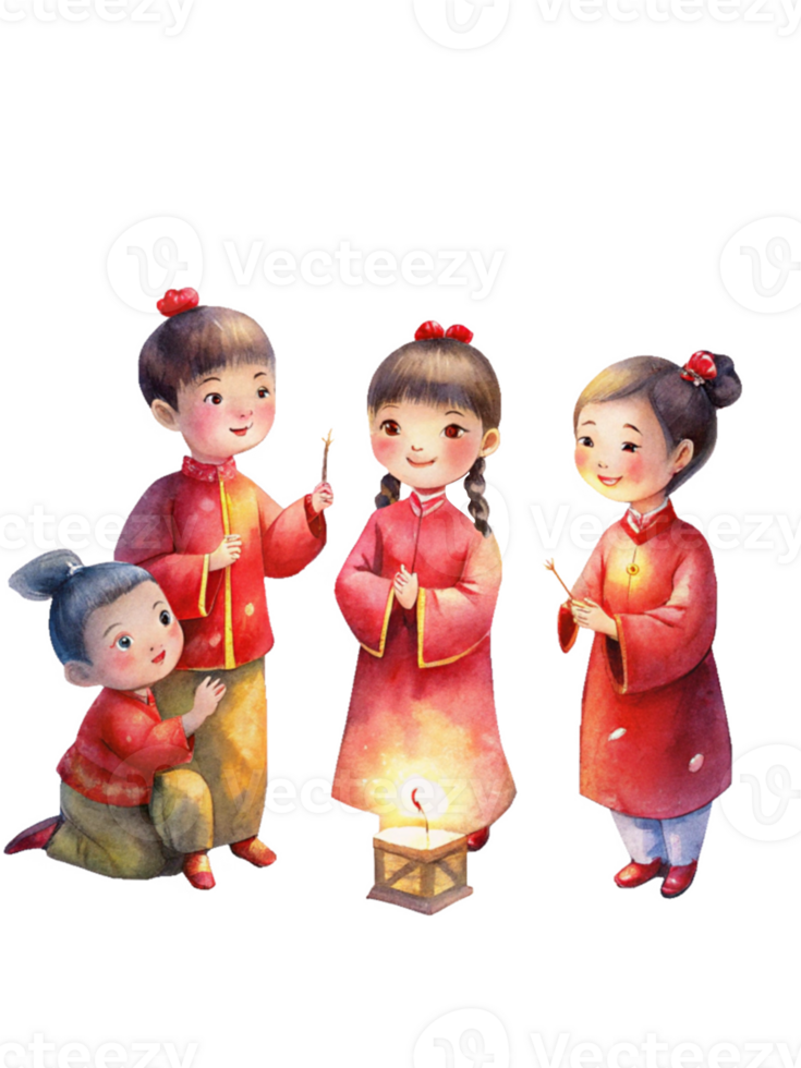Chinese New Year a group of three kids dressed in festive red tang png