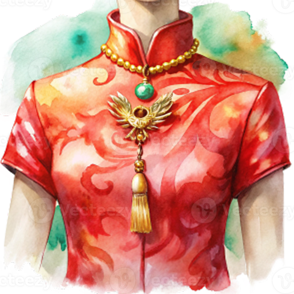 Chinese New Year a vibrant red qipao with golden phoenix embroidery png