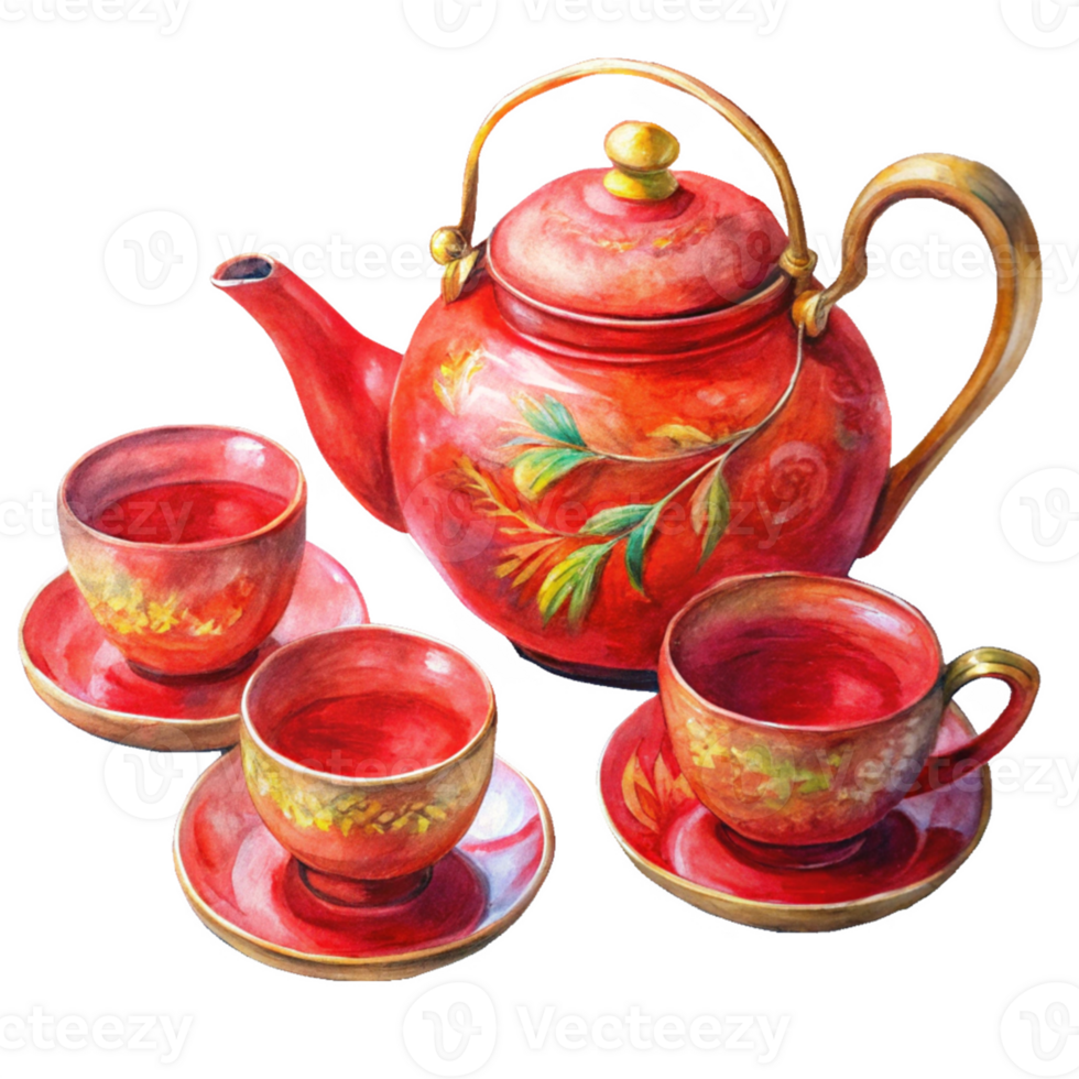 Chinese New Year a vibrant red porcelain tea set featuring a round png