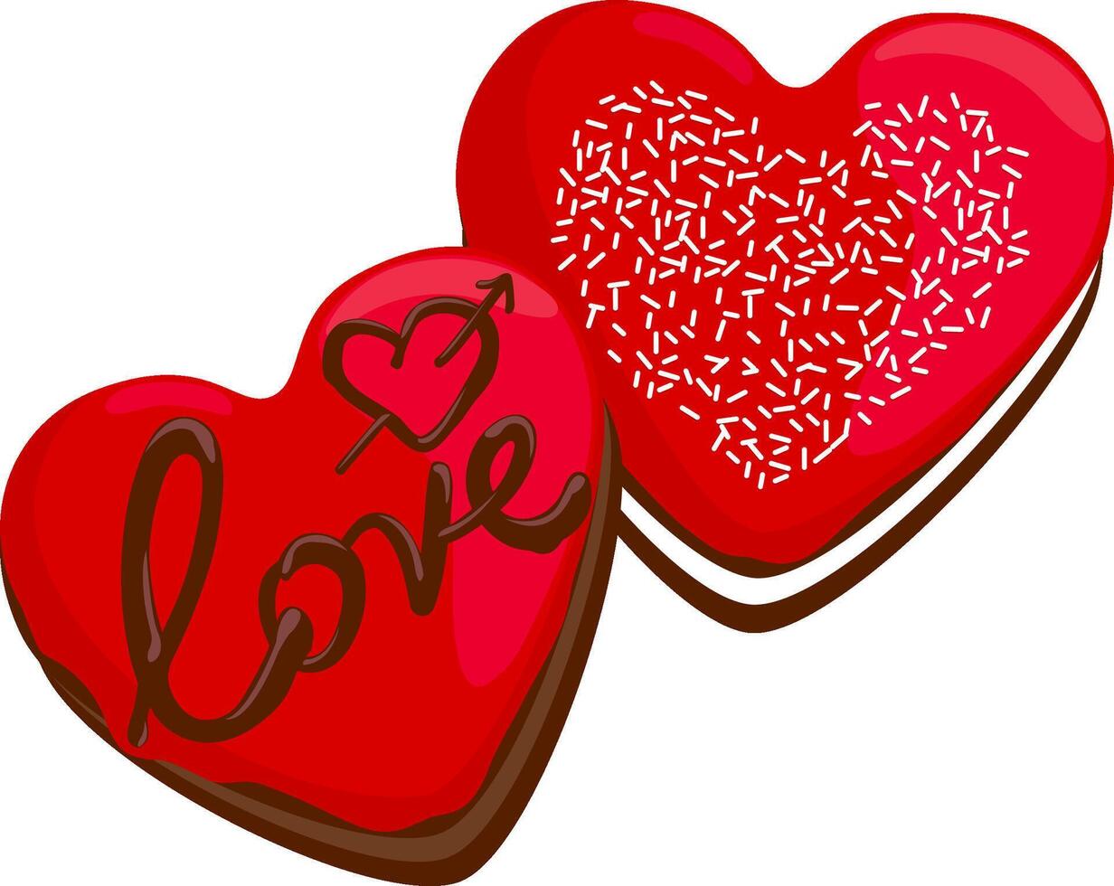 Heart shaped Valentine day donuts. Sweet cookie doughnuts with red glaze icing and chocolate love. vector