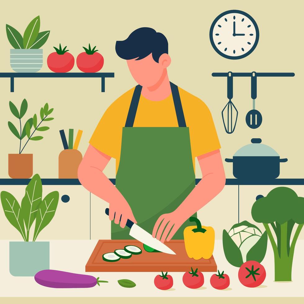 Home Chef Prepares Fresh Vegetables vector