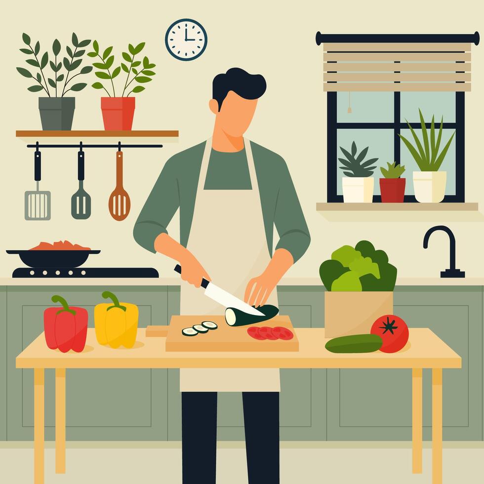 Man Preparing Vegetables in a Modern Kitchen vector