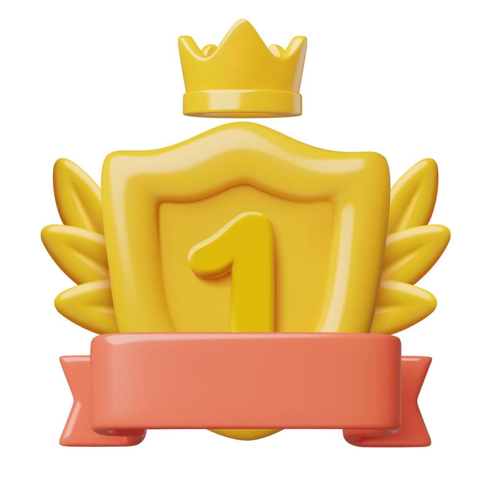 Golden game rank badge 3d icon with number 1 on a shield royal crown laurel wreath and ribbon banner vector