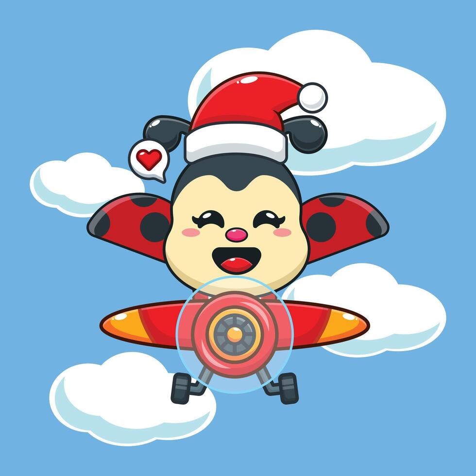 Cute ladybug wearing santa hat fly with plane in Christmas day. vector