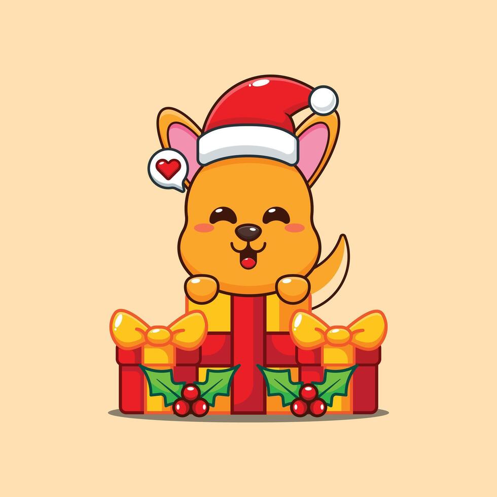 Cute kangaroo is happy to receive a Christmas gift cartoon illustration. vector