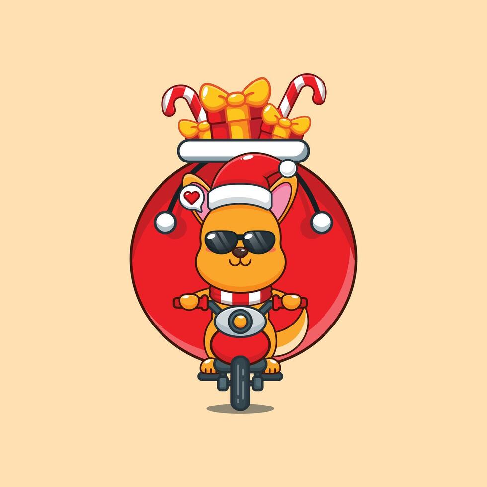 Cute kangaroo carrying bag of presents with motorcycle in Christmas day. vector