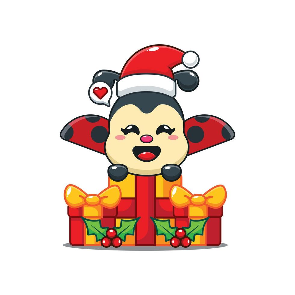 Cute ladybug is happy to receive a Christmas gift cartoon illustration. vector