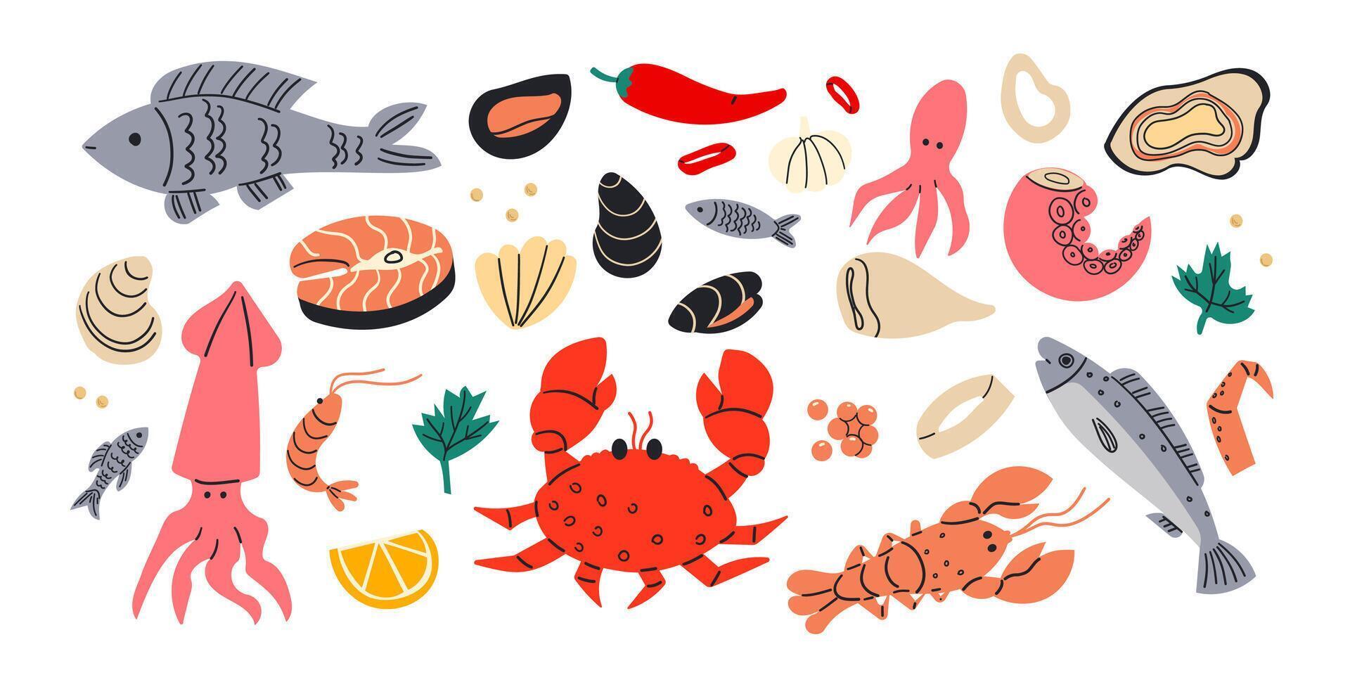 Seafood in cartoon style. icons mussel, fish salmon, shrimp, squid, octopus, scallop, lobster, craps, mollusk, oyster, alfonsino and tuna. vector