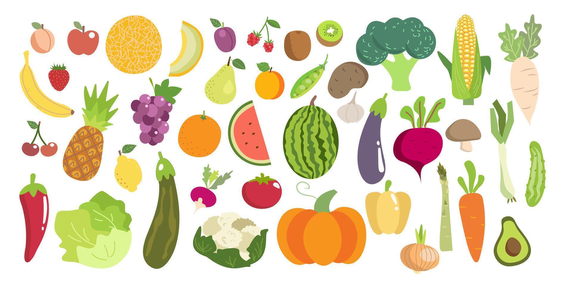 Fruits and vegetables collection. Illustration in flat style. Cute colorful illustration template with different types of fruits and vegetables ,vitamins vegan food ,health diet . vector