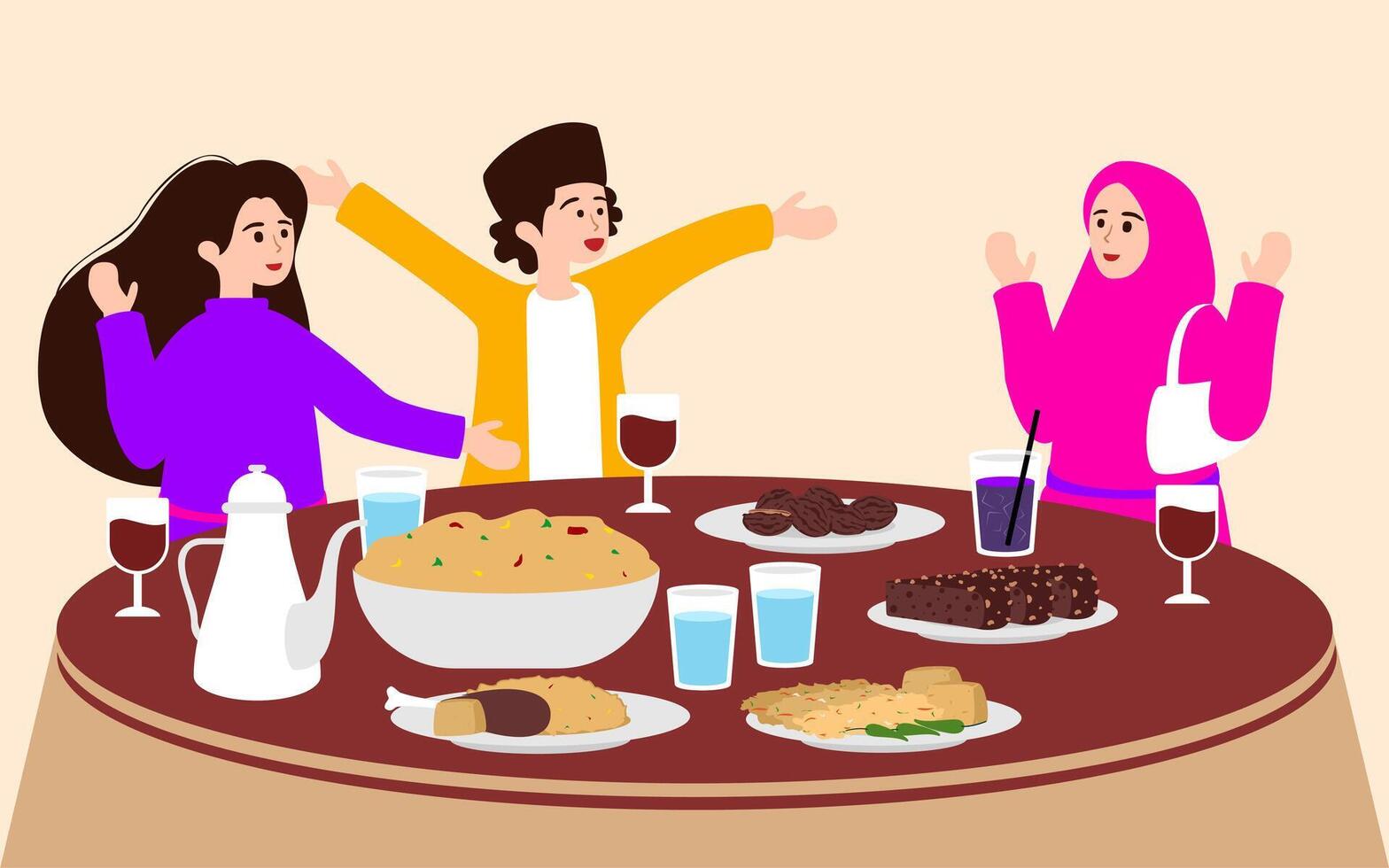 Flat Ramadan Kareem Iftar Break Fasting with Family vector