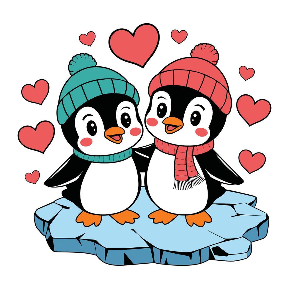 Cute Penguin Couple with Hearts on Ice Illustration vector