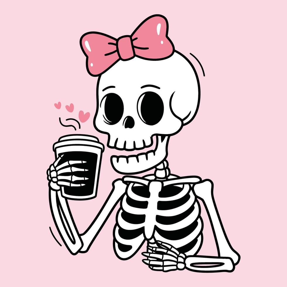 Cute Skeleton Holding Coffee Cup with Heart Illustration vector