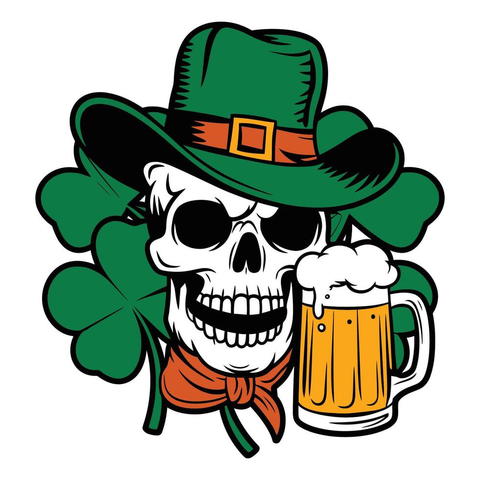 Skull with Leprechaun Hat Holding Beer Vintage Illustration vector