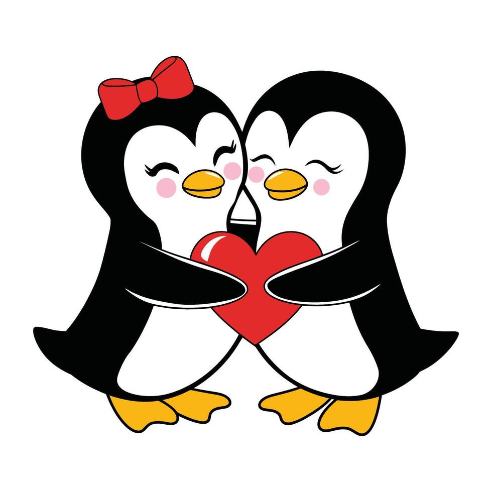Cute penguin couple holding heart cartoon vector