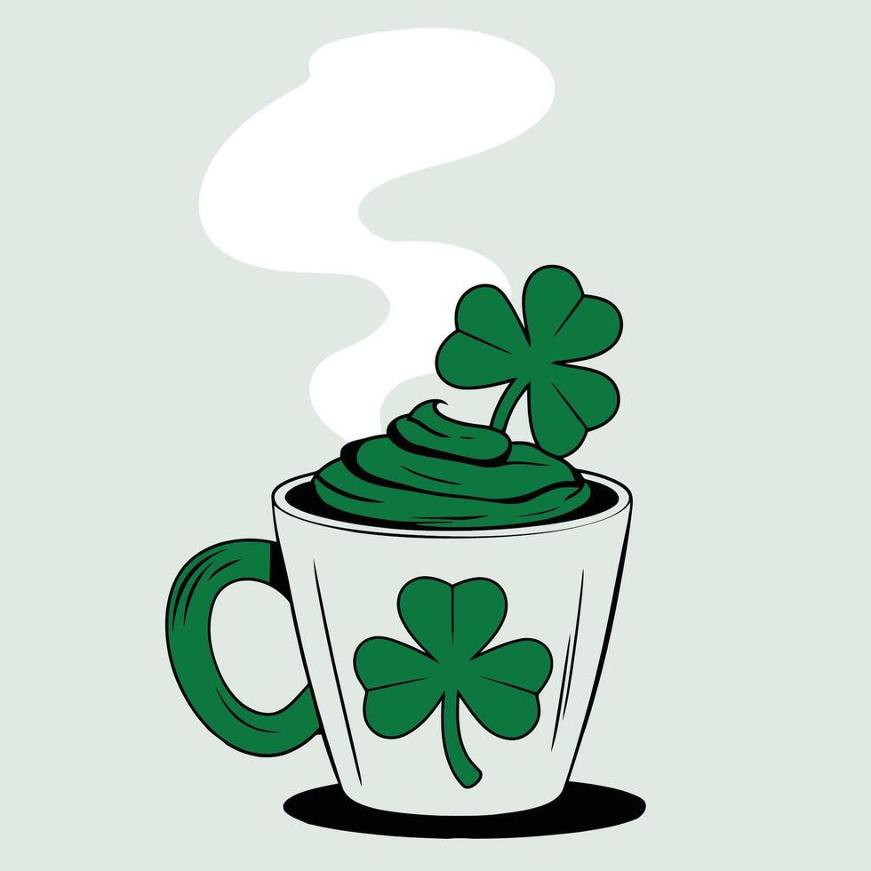 A steaming cup of coffee with shamrock decorations vector